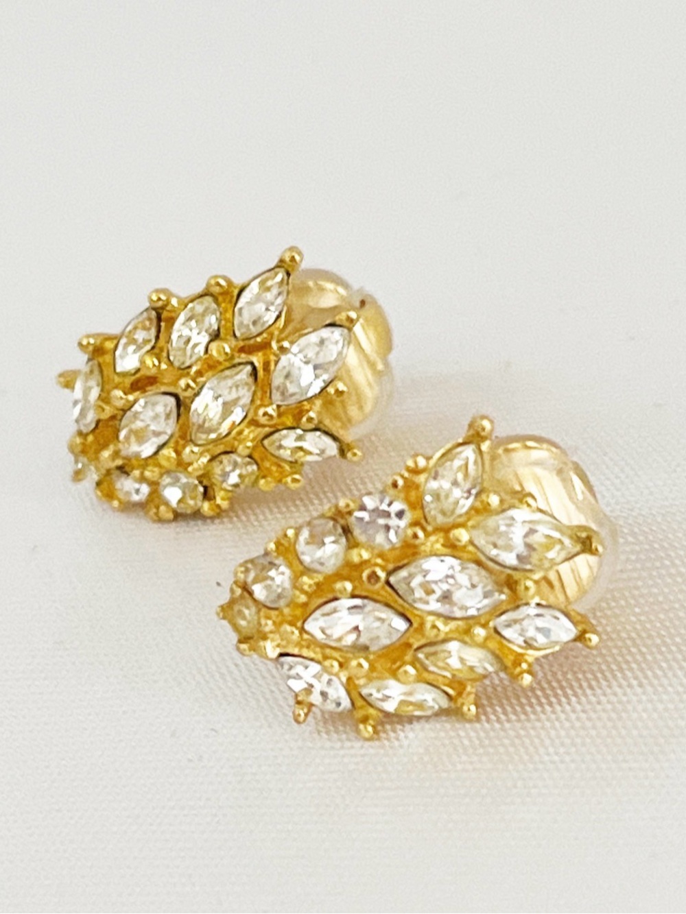 DIOR Vintage Gold Plated Marquise Cut Crystal Cluster Clip On Earrings
